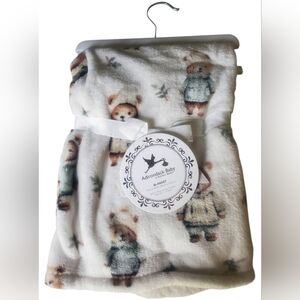 Adirondack Baby Plush Bear Print Baby Blanket - White with Green Accents